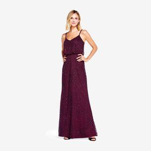 ADRIANNA PAPELL ART DECO BEADED BLOUSON GOWN IN CASSIS